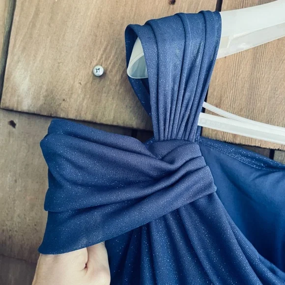 Alex Evening Sz12 Cold Shoulder Glitter Mesh Blue Dress Draped Skirt Cowl Neck - Picture 11 of 16